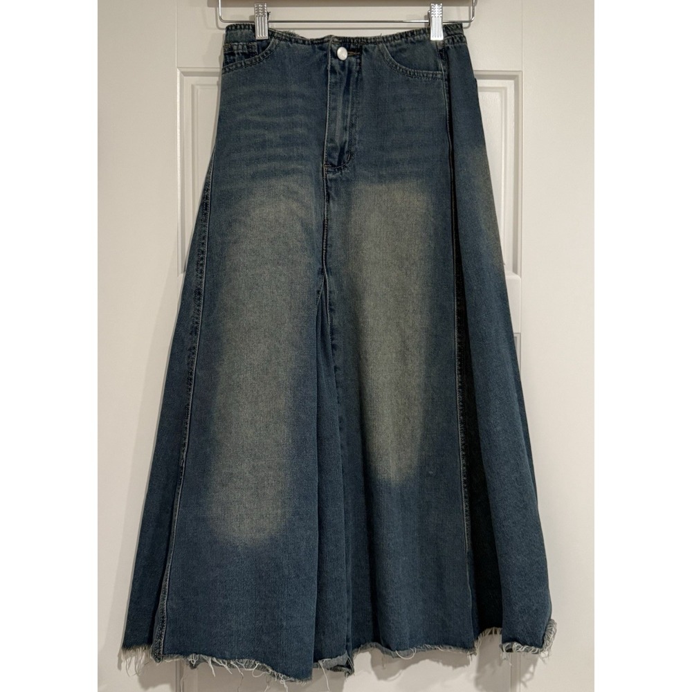 Dazy Frayed Hem High Waist Maxi Denim Boho Paneled Skirt Blue Size S Western